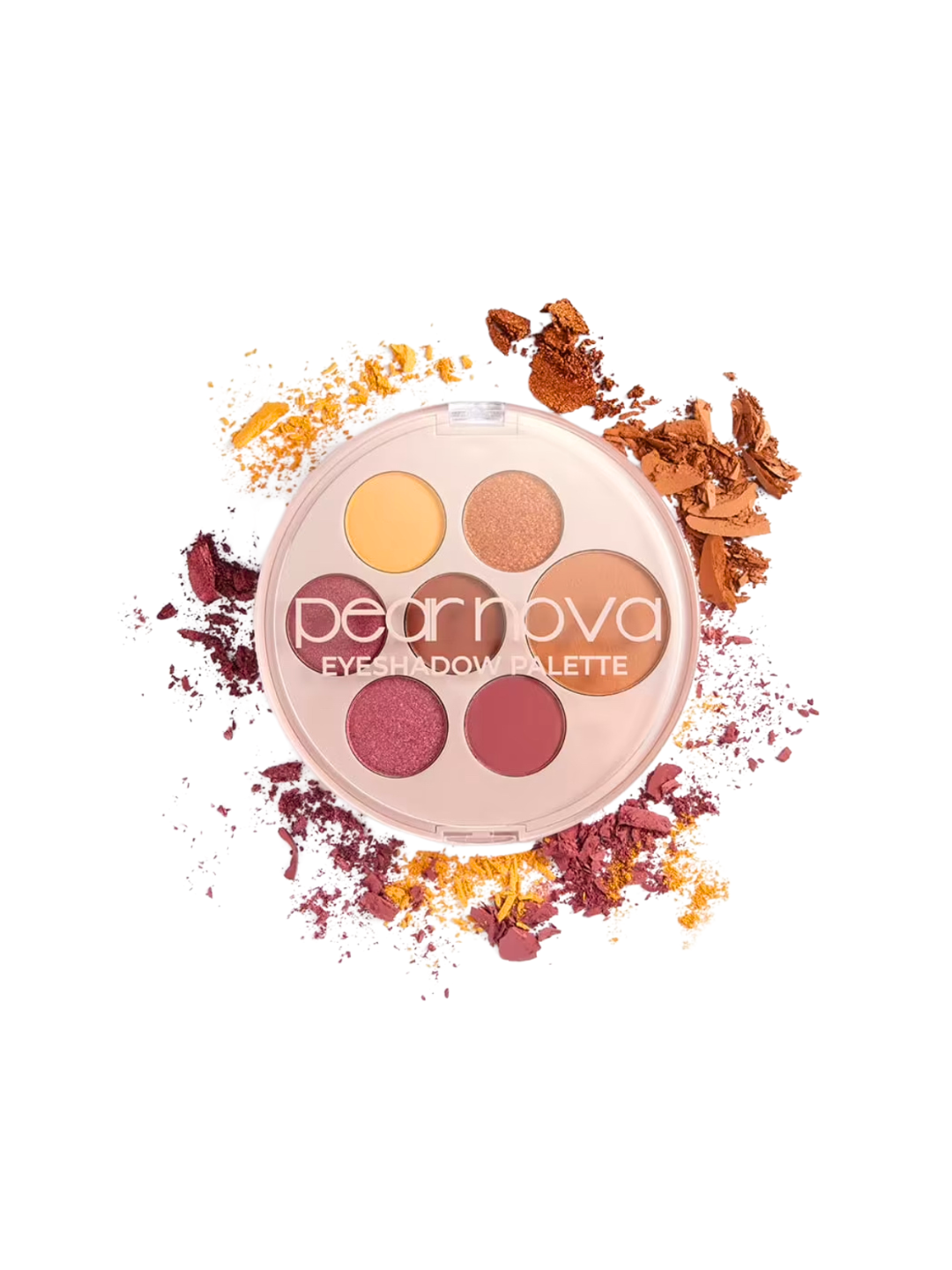 Makeup palette with colorful shades surrounded by scattered powder on a white background