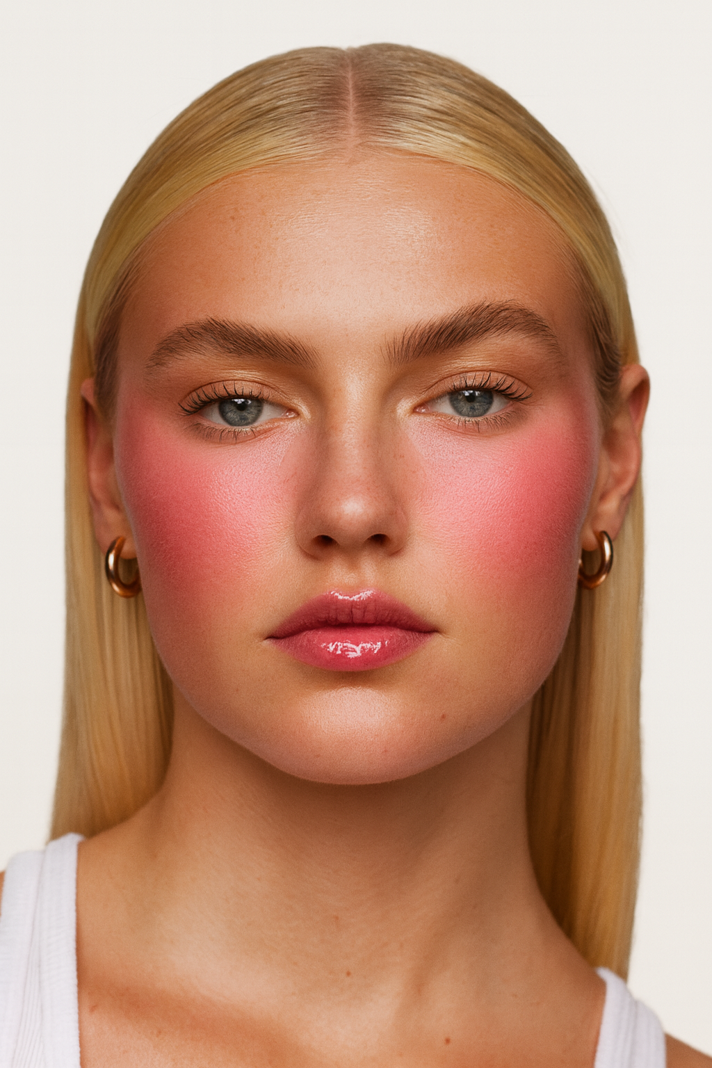 Woman with blush rosy cheeks looking into camera