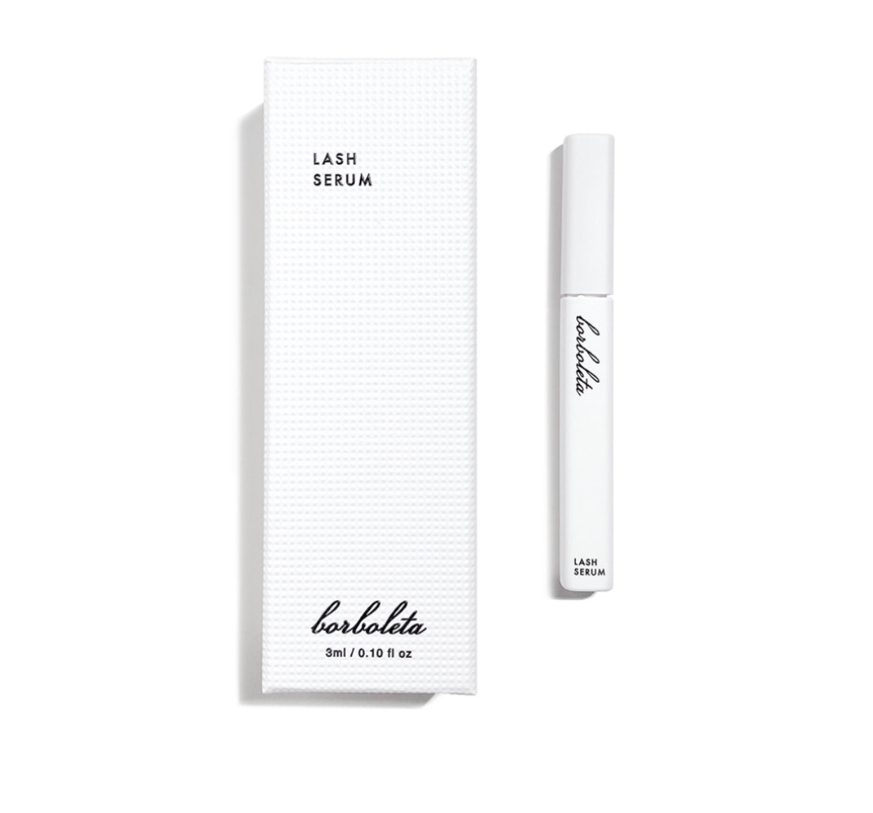 White bottle of lash serum laying next to white lash serum box