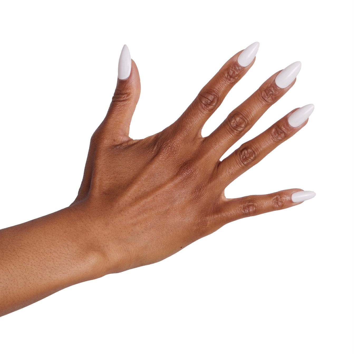 brown skin hand model with almond shaped Reflect painted nails