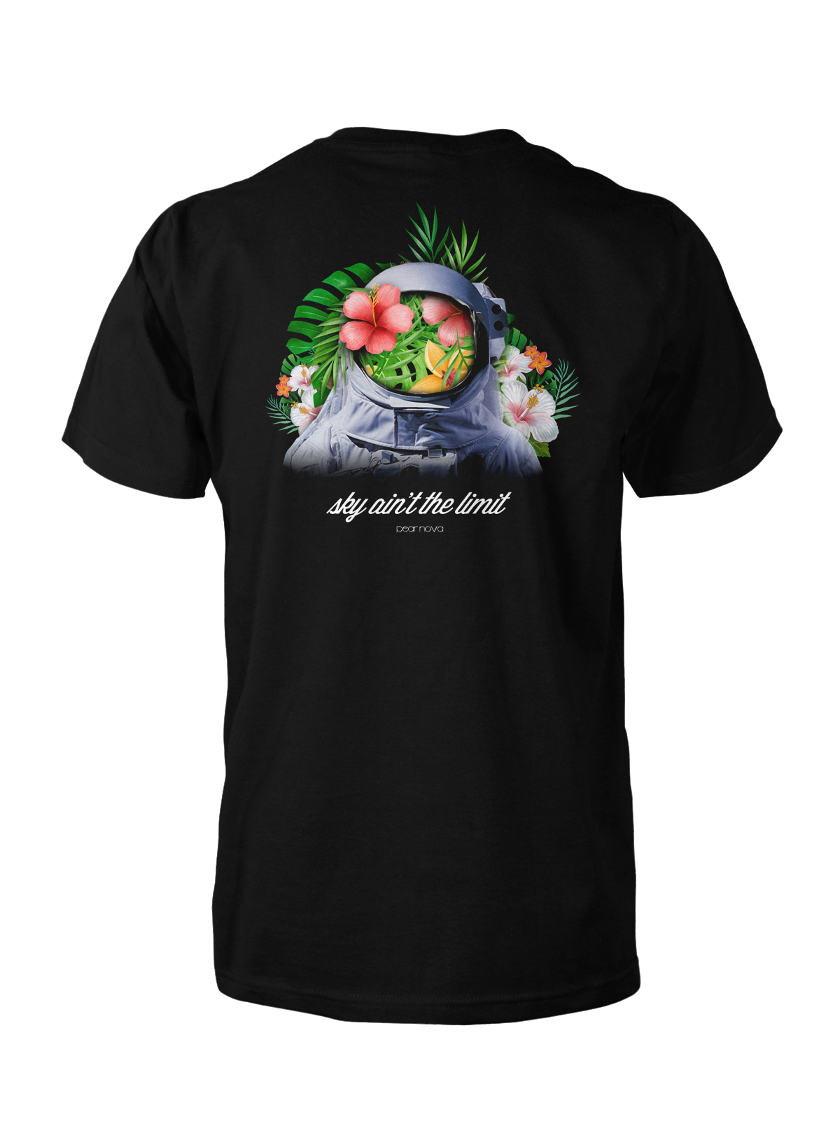 back of black t-shirt with a astronaut and flowers with the words "sky aint the limit"