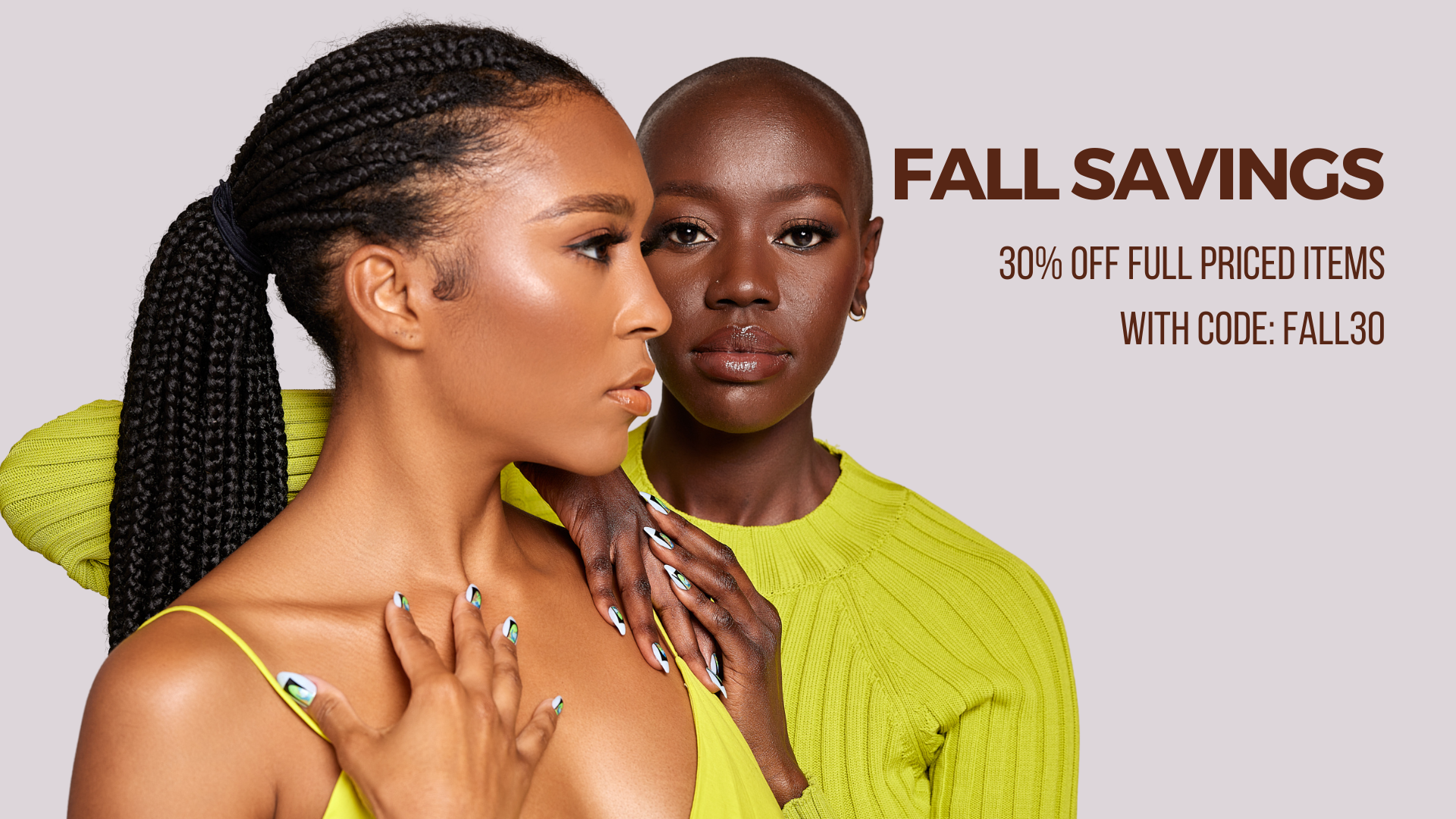 Two women wearing bright yellow outfits with a 'Fall Savings' promotion text overlay.